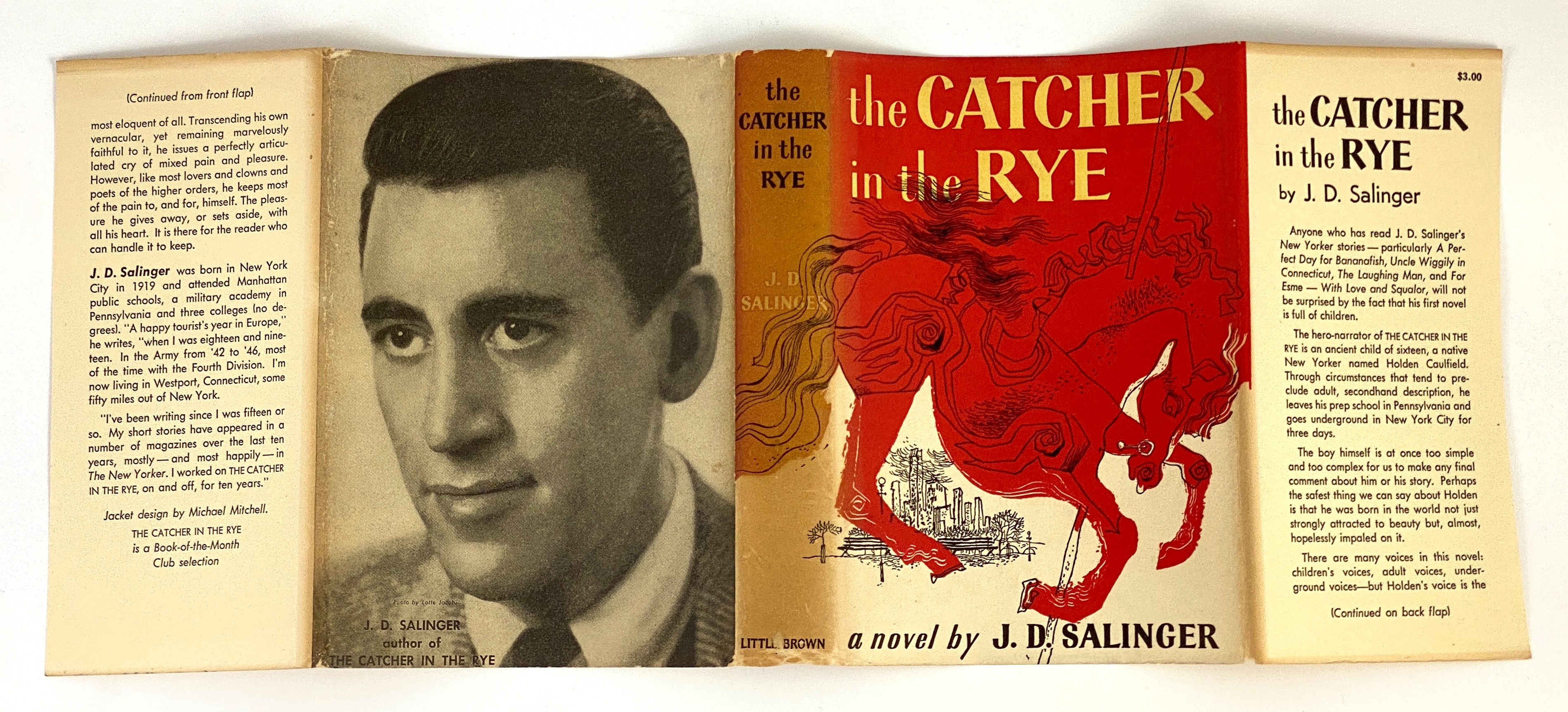 Salinger, Jerome David - The Catcher in the Rye, 1st edition, 8vo, original gilt-stamped black cloth, in 1st issue unclipped d/j printed in red, black and yellow, with photo portrait of the author by Lotte Jacobi on rear